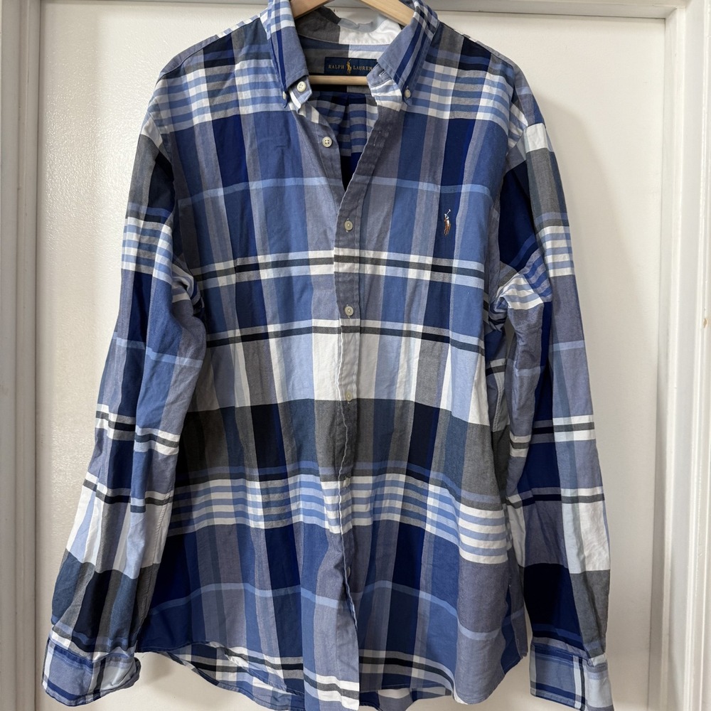 Ralph Lauren Button Down Shirt Blue Mens XXL Plaid Excellent Condition